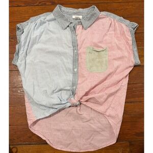 Japra Colorblock Pinstripe Tie Front Button Up Shirt Pastel Blue Pink Green L
